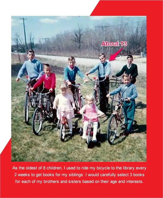 Childhood photo of a boy riding bikes with siblings, reflecting early leadership